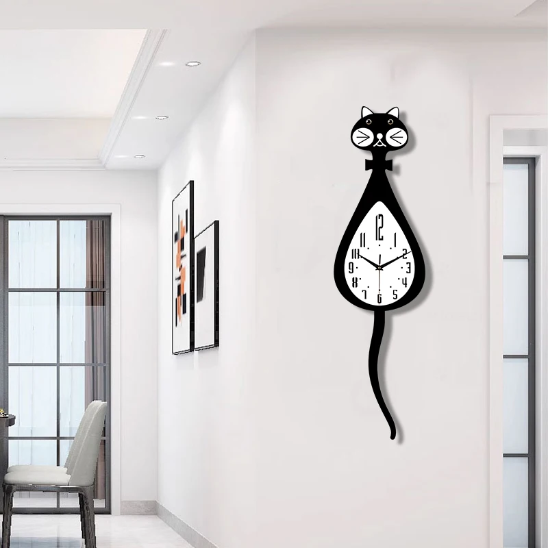 ساعة حائط على شكل قطة كرتونية ممتعة مع وظيفة أرجوحة ذيل، ساعة هادئة مناسبة لغرفة المعيشة وغرفة النوم والديكور المنزلي #6