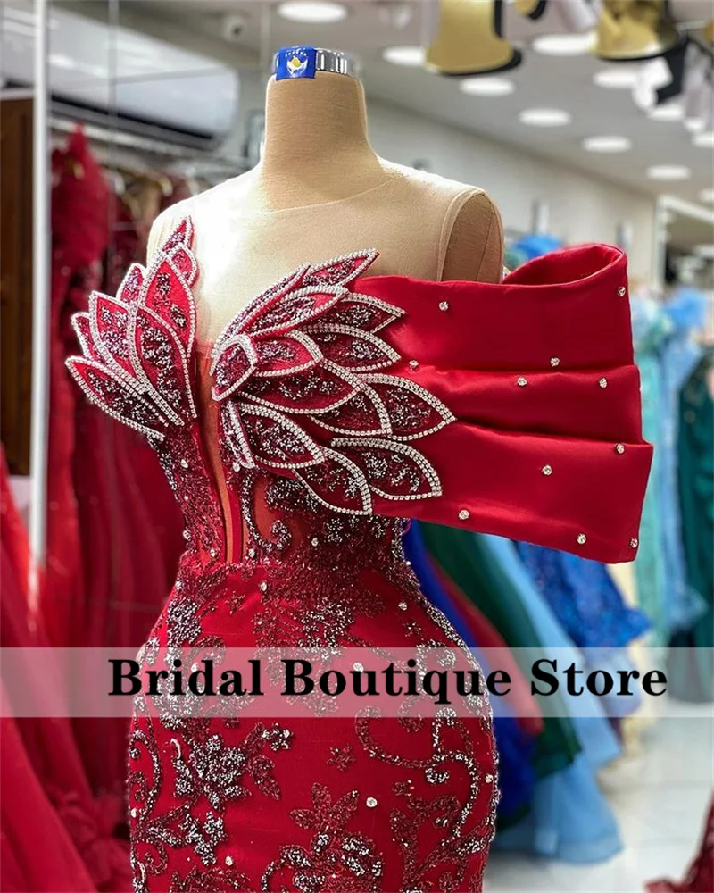 Exquisite Red Dubai Mermaid Evening Dress Beading Crystals Rhinestones Sequins Wedding Prom Party Dress Robes Customized