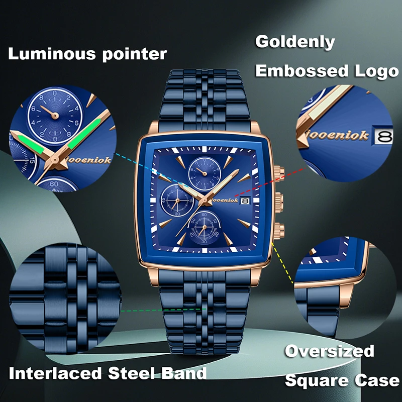 2025 Новые роскошные повседневные часы, лучший бренд, модный квадратный циферблат, календарь из нержавеющей стали, светящиеся водонепроницаемые мужские часы, мужские часы + коробка