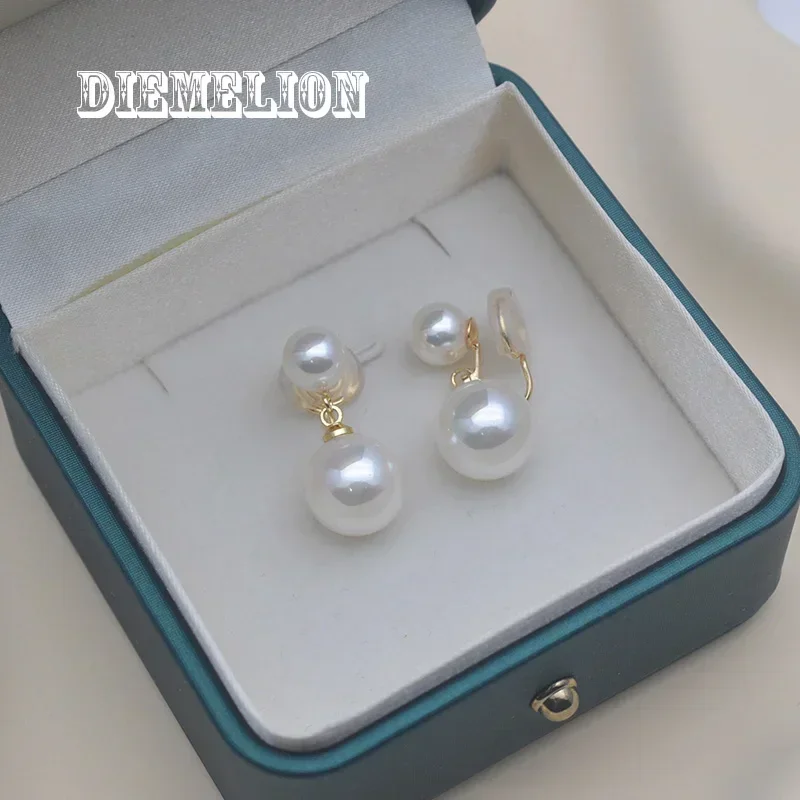 Orecchini a clip con perle a doppia conchiglia rotonda di alta qualità in stile coreano, senza foro per le donne, gioielli da sposa, clip per