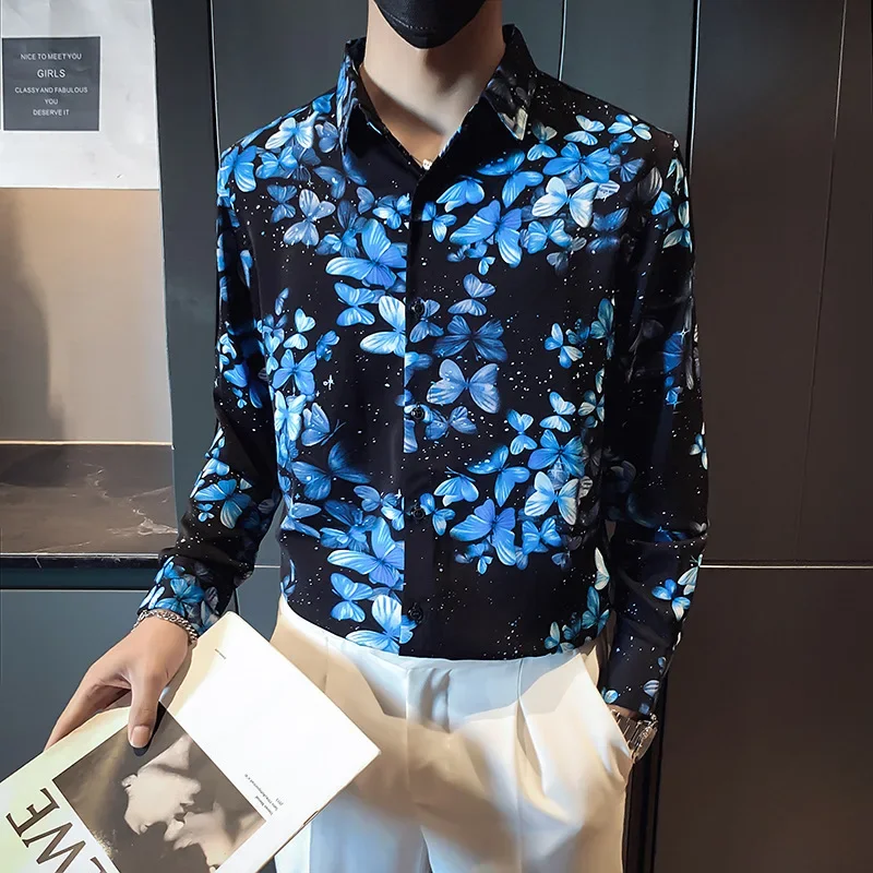 

Flower Shirts Men Long Sleeve Slim Fit Casual Shirts High Quality Social Business Dress Shirts Streetwear Men Clothing 4xl