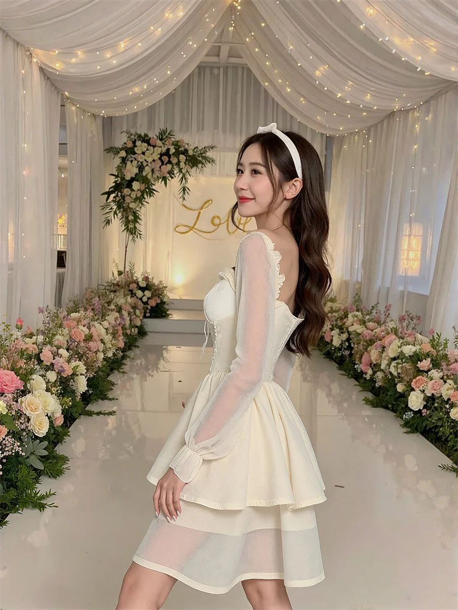 Abiti bianchi da donna per donna Volant drappeggiati Autunno Perline All-Match Girocollo Halter Vita bassa Boho Stampato A-Line Impero