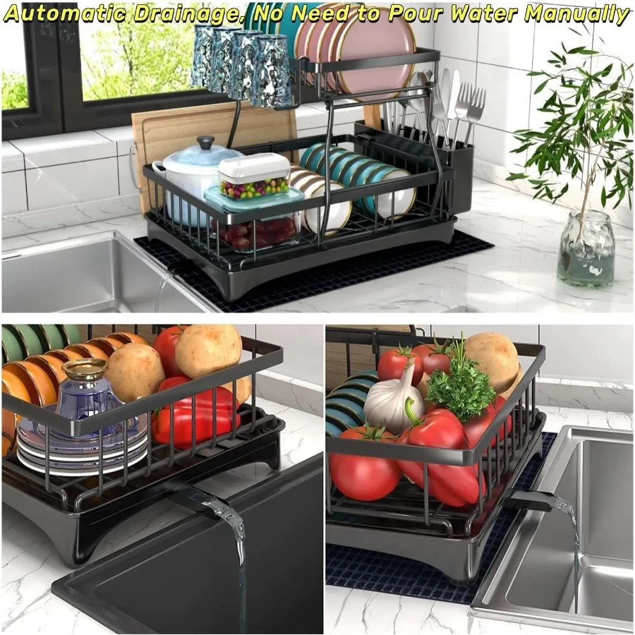 Dish Drying Rack 2Tier Dish Racks for Kitchen Counter Dish Rack with Drainboard Mat Dish Drainer with Knife Fork Cup Rack Gifts