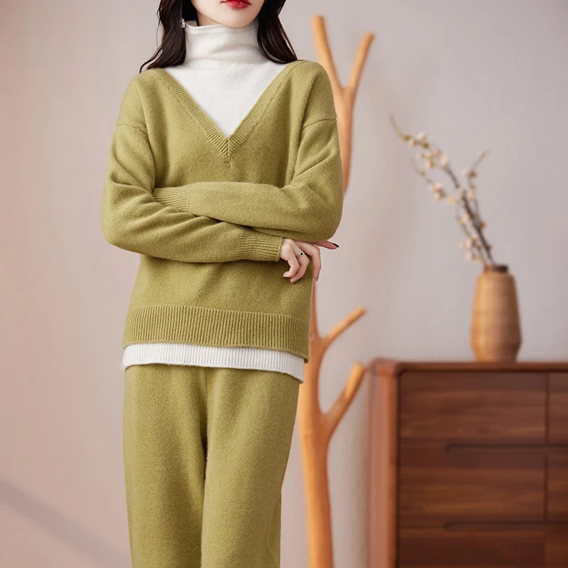 Autumn Winter 100% Merino Wool  Woolen Trousers Turtleneck Sweater Suit Soft Long Sleeve Fashion Casual Solid Color Clothes