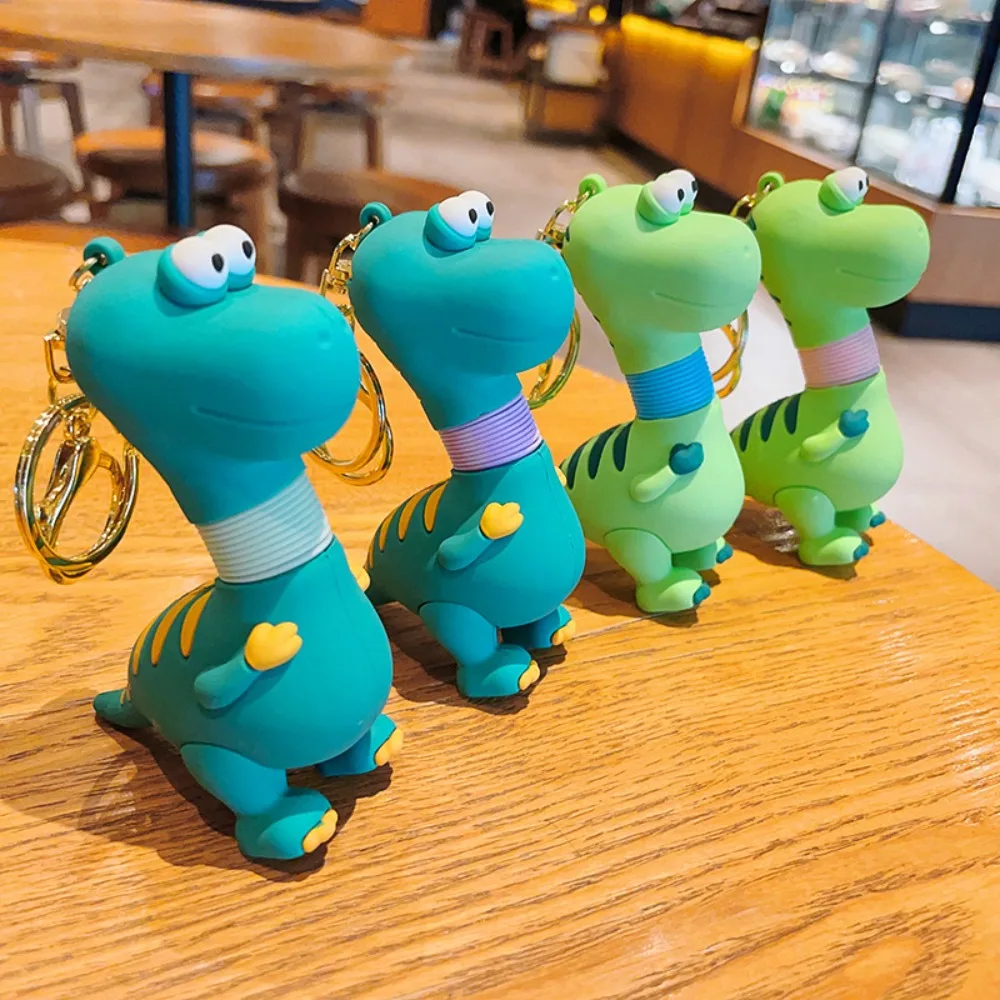 Cartoon Green Dinosaur Keychain Creative Retractable Spring Neck Car Keyrings Couple Anime Figure Bag Charms