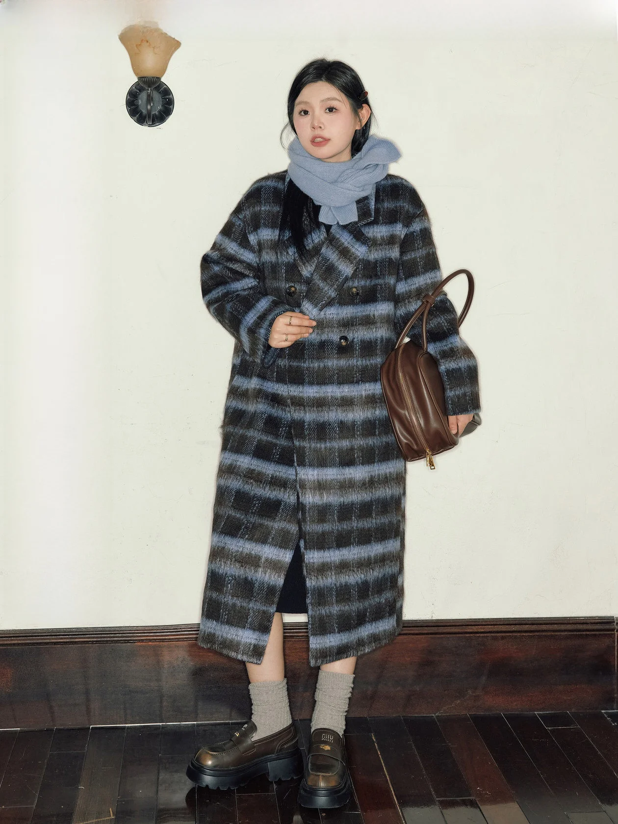 

Пальто Jiu Workop "Jasmine nut Blue" больших размеров в корейском стиле, с цветными блоками и клетчатым узором, шерстяное, для полных женщин, зимняя верхняя одежда