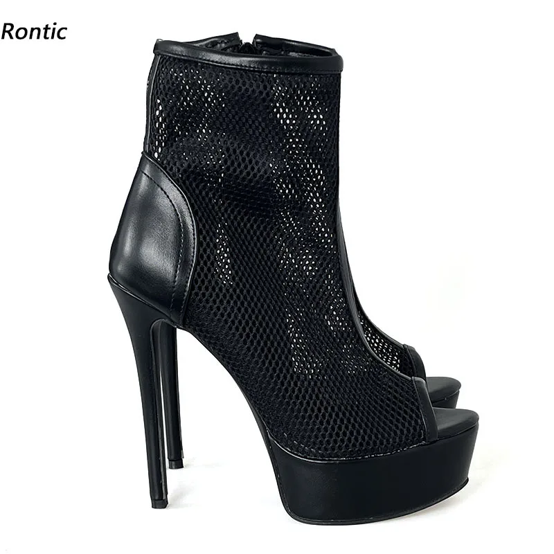 

Rontic женские летние ботильоны на платформе с сеткой на тонком высоком каблуке с открытым носком красивые черные красные вечерние туфли женские американские большие размеры 5-20