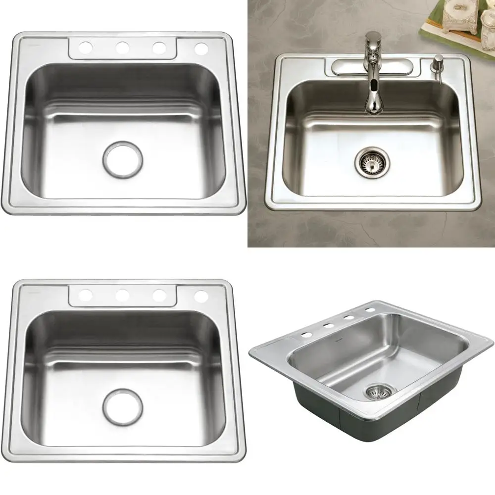 

25 Inch Stainless Steel Single Bowl Kitchen Sink, 8 Inch Deep, Top Mount, 4-Hole Design