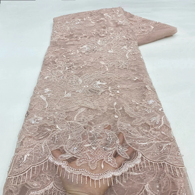 Nigerian Handmade Embroidery Beaded Lace Fabric, African Sequins Tulle Mesh Lace Fabric For Bridal Wedding Dress Sewing Material 4