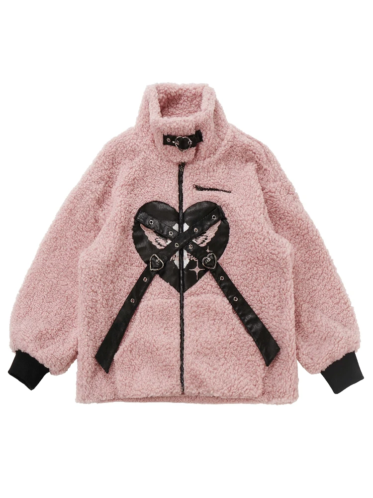 Streetwear Sweet Cool Y2K Girl Embroidered PU Splicing Stand Collar Lamb Wool Fleece Thick Warm Zipper Jacket Coat Women Winter