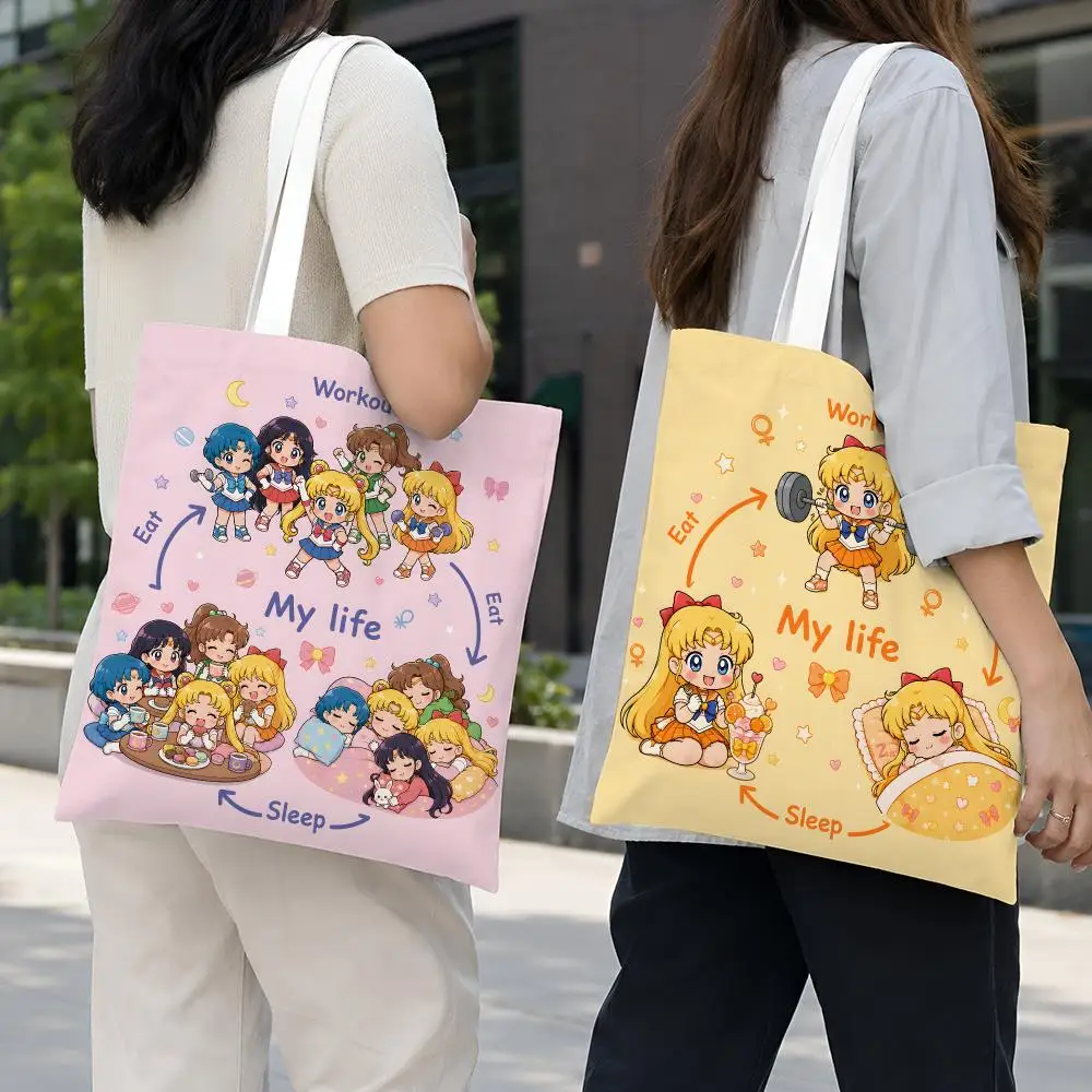Sailor Moon Workout Eat Sleep Storage Bags Lightweight Foldable Canvas Tote For Shopping Commuting And Travel