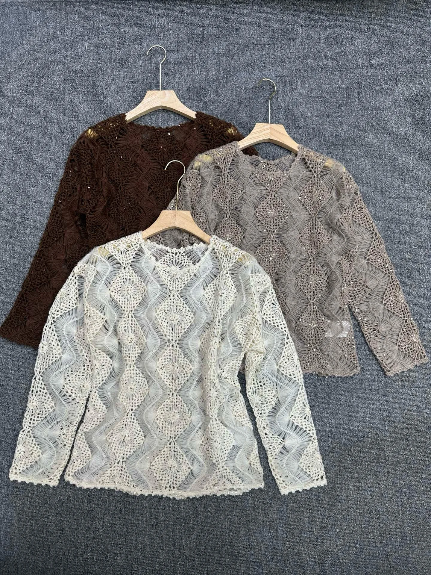 Soft Sheer Crochet Knit Layering Top for Women, Rhinestone Embellished Hollow Pattern Long Sleeve Casual Blouse