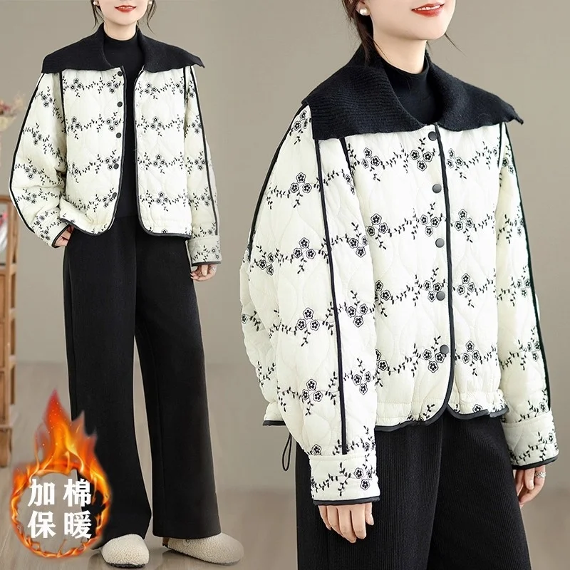 2025 الشتاء الرجعية الأزهار متماسكة التلبيب سترة قطن فضفاضة للنساء ملابس خارجية دافئة غير رسمية معطف قمة الموضة الأنيقة W1608 #2