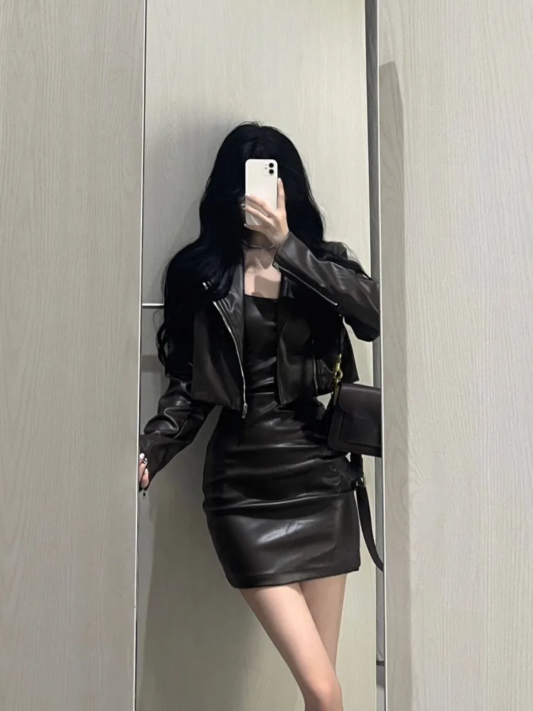 Sweet Cool Long Sleeve Leather Coat Women+ Y2k Sexy Slim Waist Bodycon Camisole Dresses 2024 Autumn New Two Piece Sets