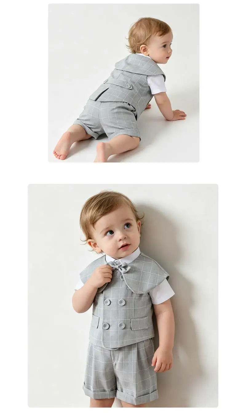 Grauer Karierter Kleinkind-Jungen Anzug Weißes Hemd Sommer Dünne Leinenweste Shorts Fliege Kinder Hochzeit Taufe Formelles Kostüm-Set – Detail 2