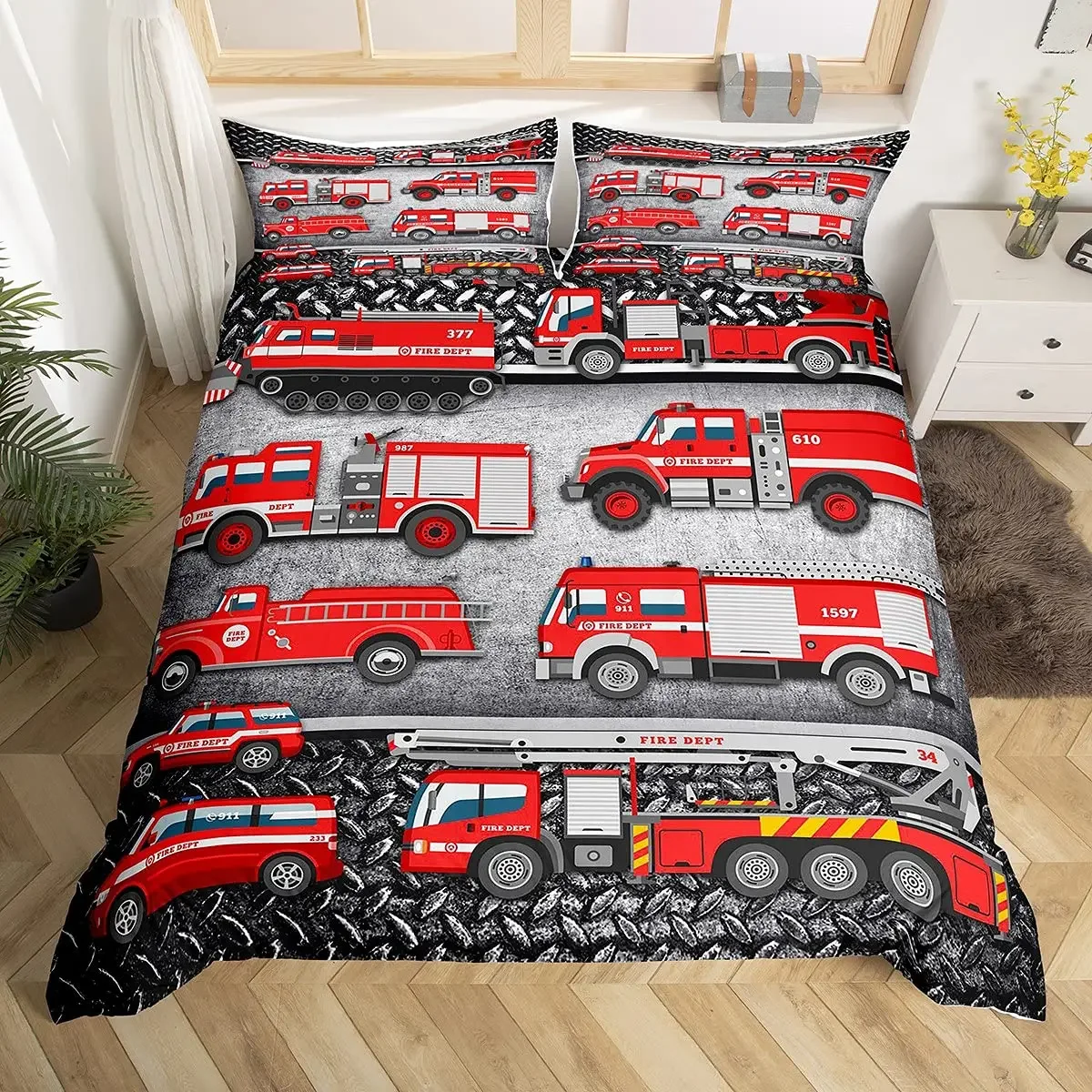 Fire Truck Duvet Cover Set Twin Size Red Firemen Car Vehicle Bedding Set Fire Engine Pattern for Boys Tire Printing Quilt Cover