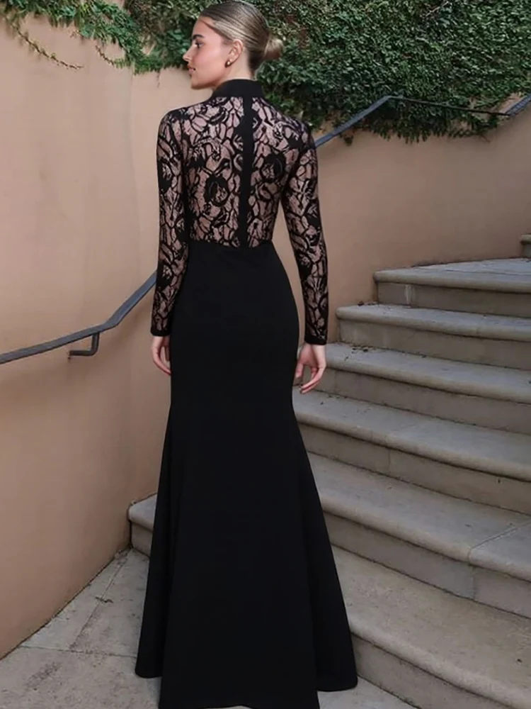 Kricesseen Sexy noir dentelle pure Patchwork à manches longues robe Maxi femmes col haut formel fête boîte de nuit porter moulante