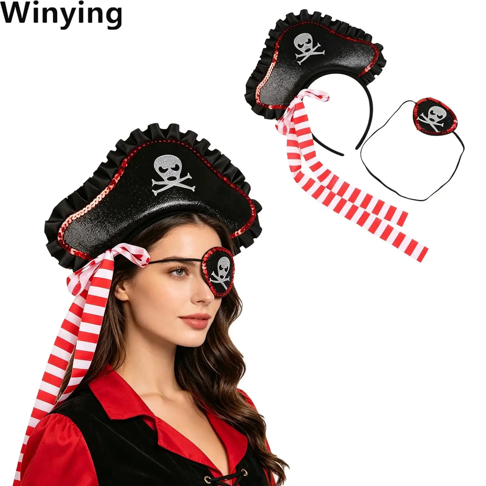 Adults Pirate Costume Accessories Ribbon Skull Print Headwear with One-eyed Eye Patch for Halloween Party Performance