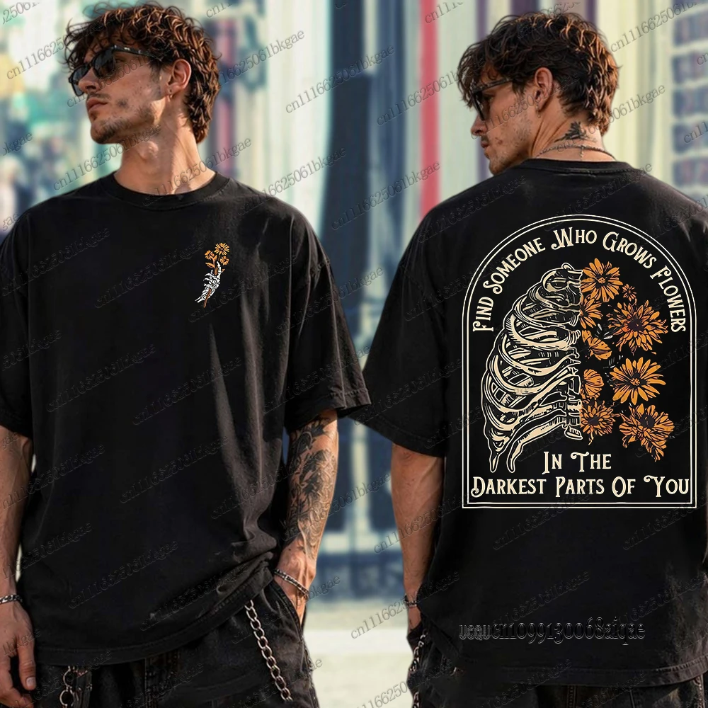 Halloween Skeleton&Flowers T-shirts For Men Pure Cotton T-shirt Casual Sports Short Sleeve Couple Streetwear Oversized Man Tops