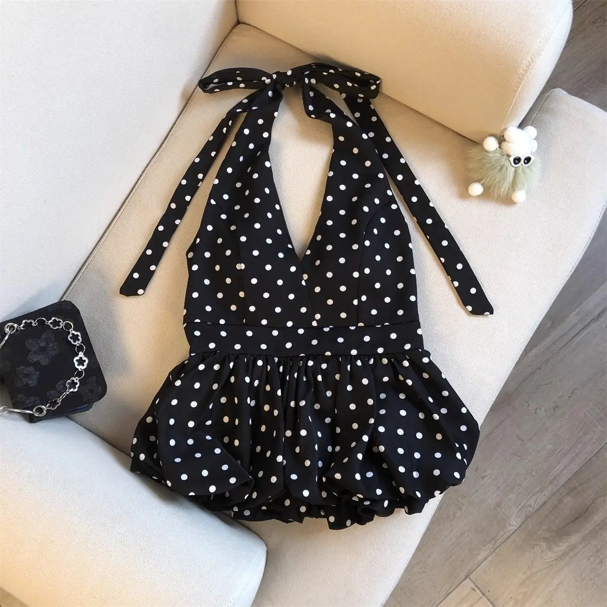 Women Y2K Halter Polka Dot Mini Dress V Neck Backless Self‑Tie Ruffle Bubble Hem Short Dresses Elegant Summer Beach Party Female