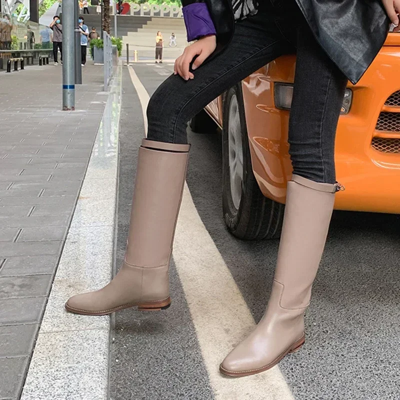 Yozcttaa Size 34-40 Women Knee Boots Genuine Leather Ruched Flats Heel Shoes Fall Winter 2025 Ins Wide Calf Slip On Long Boots