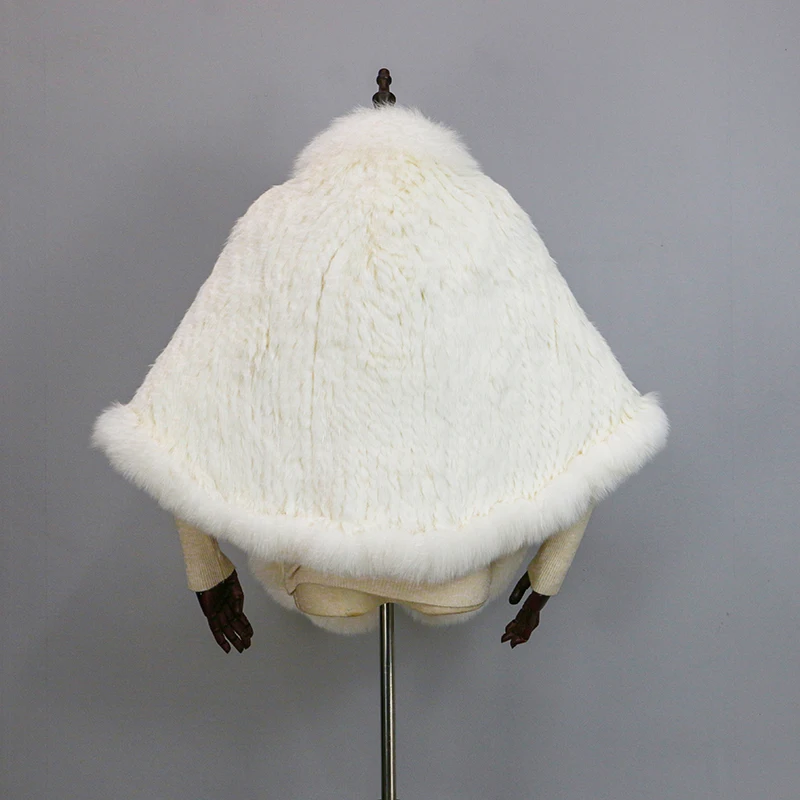 Women 100% Real Rabbit Fur Cape with Fox Fur Collar Winter Warm Knitted Cloak Rabbit Fur Poncho Girls Party Fashion Shawl Scarf