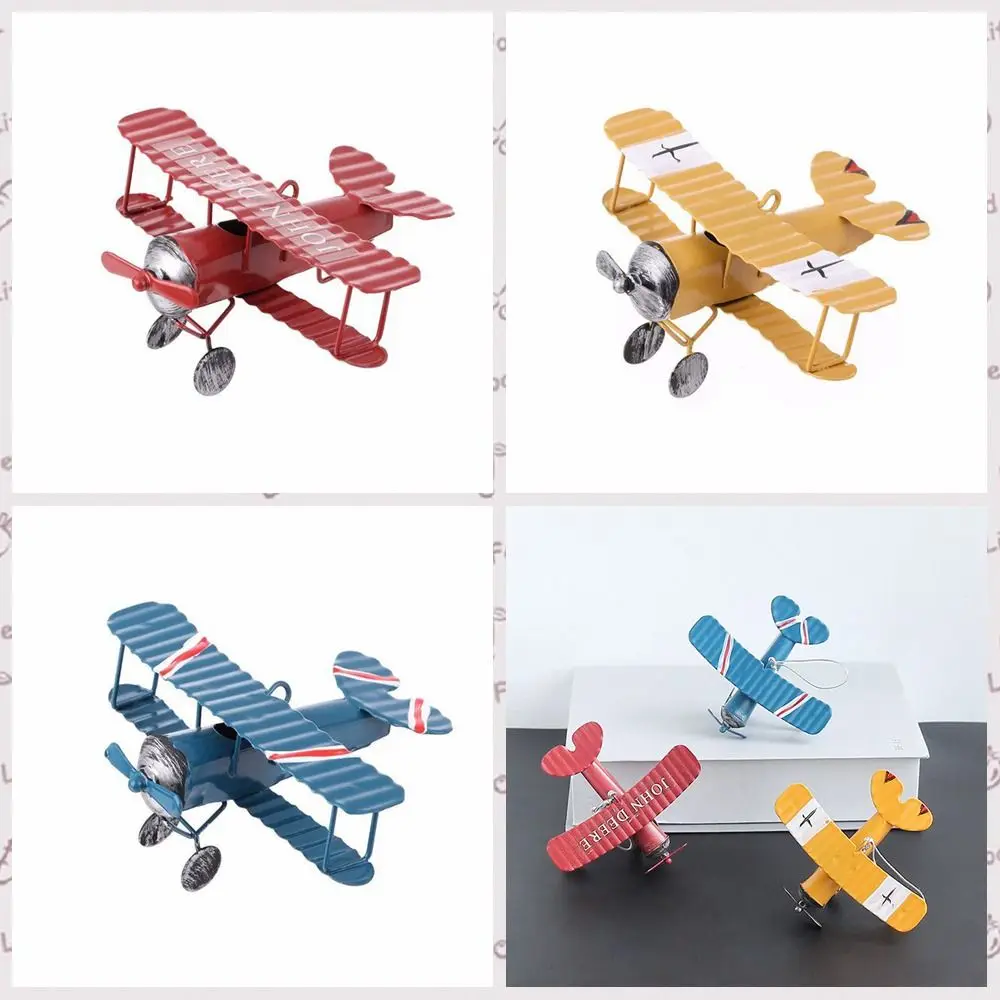 Mini Can be Hung Aircraft Figurines With Rope Iron Art Biplane Model Nordic Metal Crafts Shop Window Display