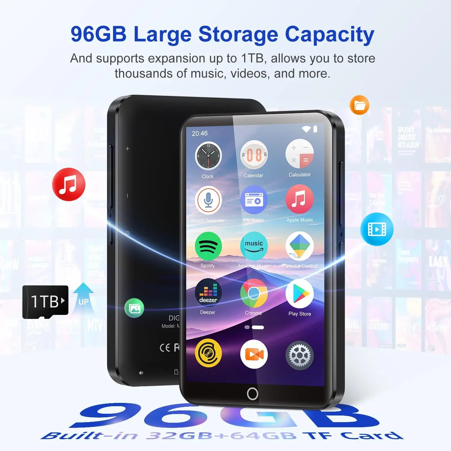 블루투스 및 WiFi 기능이 있는 96GB(32GB+64GB), 스포티파이, 오디블, 디저, 앱 스토어가 지원되는 4.02인치 터치스크린, 디지털 HIFI 뮤직…