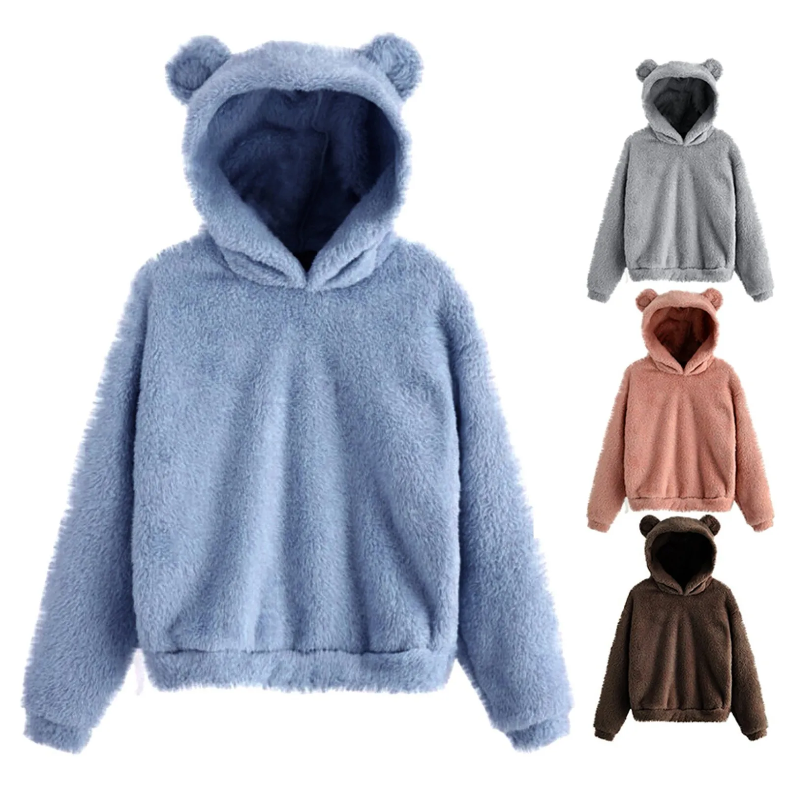 Retro Cartoon Bear Ear Hoodies Women Long Sleeve Fleece Sweatshirt Warm Hoodie Pullover Ladies Streetwear Female Clothes