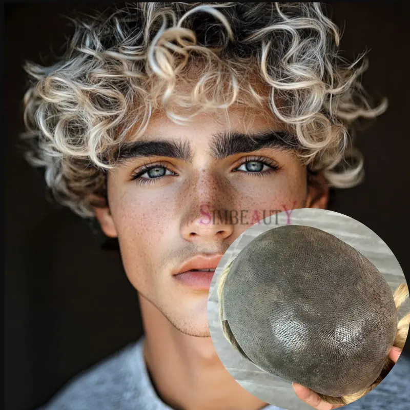 

28MM Curly Men's Hairpiece Ombre Blonde 0.06MM Thin Skin PU Base 100% Human Hair Toupee 26mm24mm Curly Hair Capillary Prosthesis