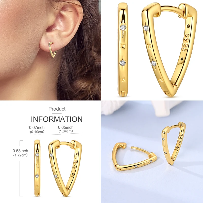 Gold Color 925 Sterling Silver Hoop Earring Triangle Geometry Starry Pattern Trendy Earring Woman Jewelry Gift
