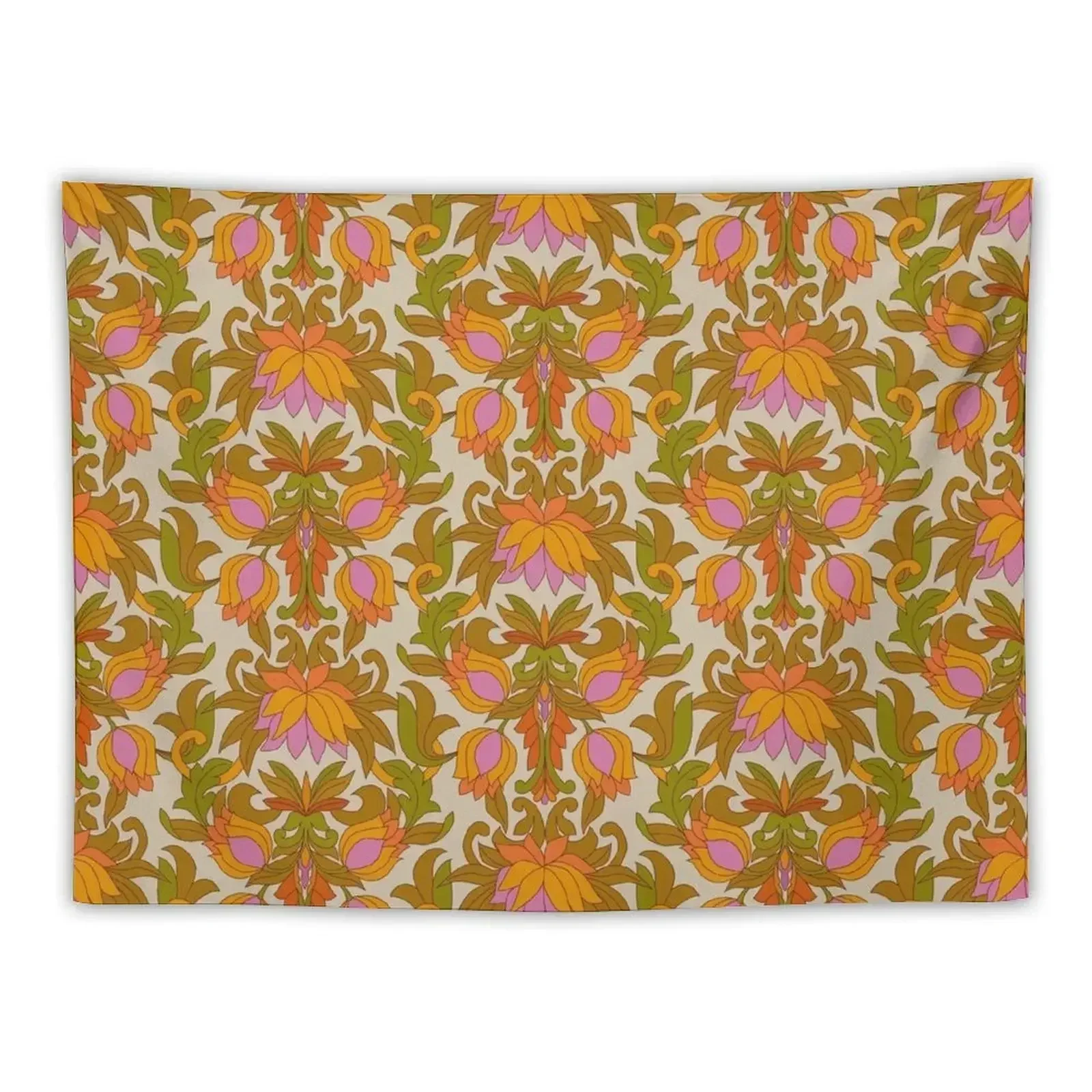 

Orange, Pink Flowers and Green Leaves 1960s Retro Vintage Pattern Tapestry Decorations For Your Bedroom Wallpaper Tapestry