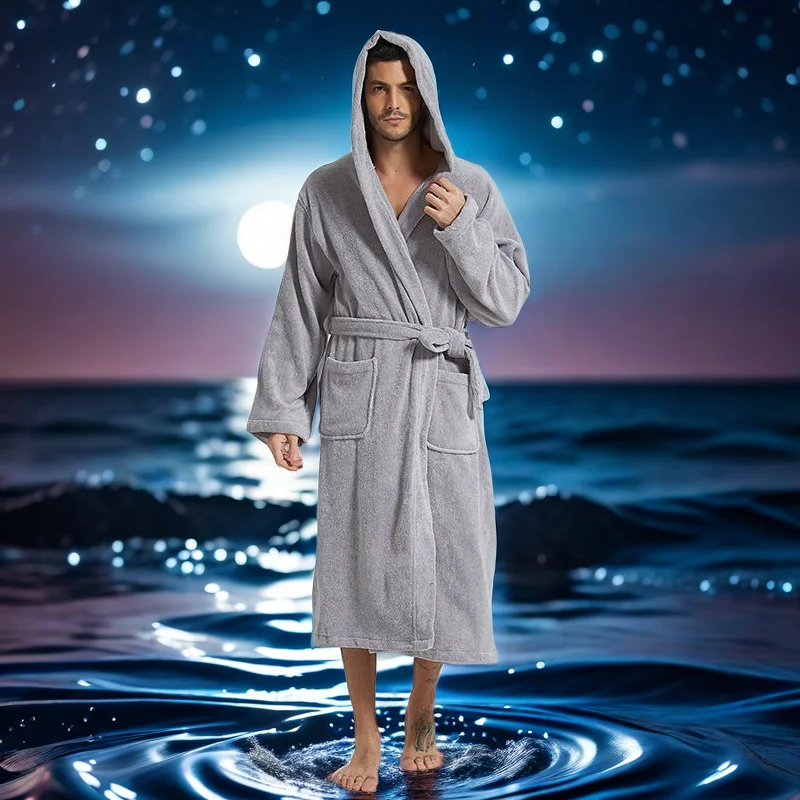 Robe grosso com capuz Terry para homens e mulheres, roupão bordado algodão, sleepwear de ventilação macia, casual warmhome wear, toalha, inverno