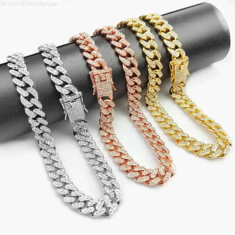 

Fashion 18K Gold Plated Cuban Chain Necklace 12mm Iced Out Chains Hip Hop Mens Statement Chunky Cuban Link Jewelry