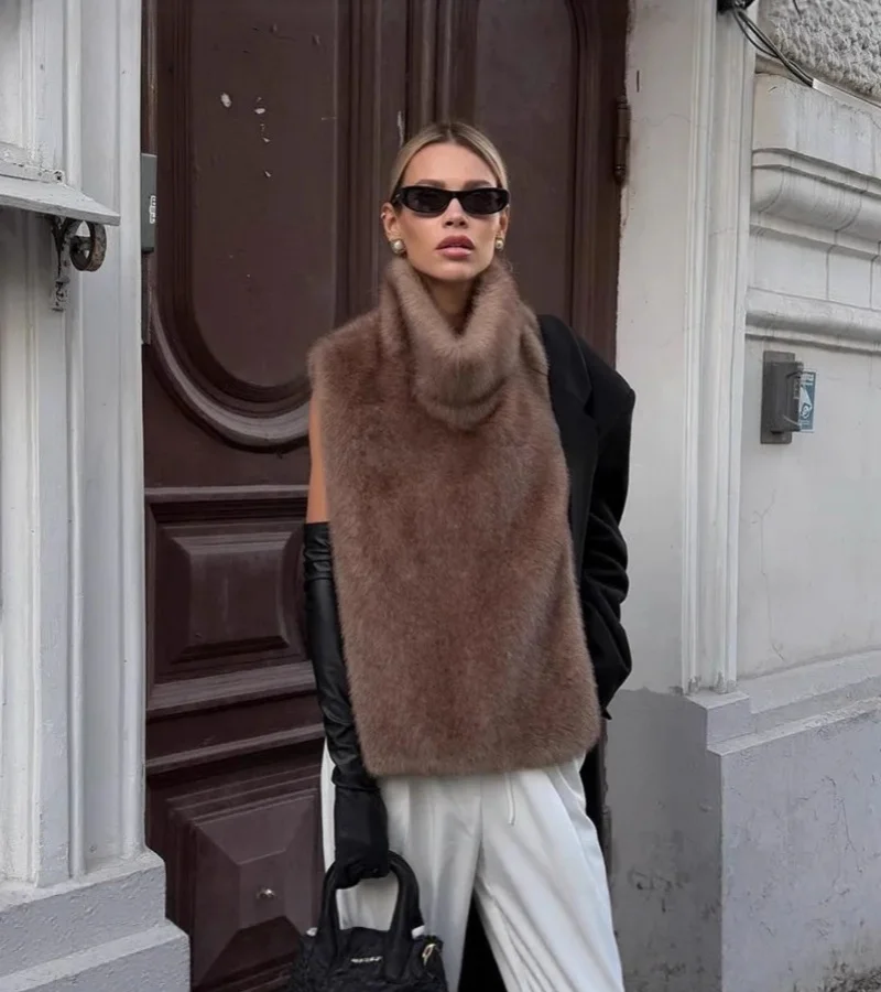 Women's Sleeveless Fur Vest Imitation Mink Shoulder Camisole Autumn Winter Front Long Back Short Top