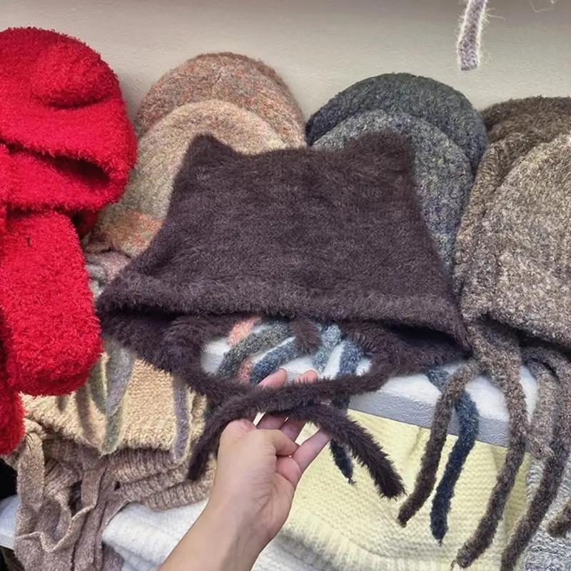 

652F Foldable Knitted Hat Trendy Ladies Knitted Hat Fashionable Plush Cats Ear Hat for Everyday Wear