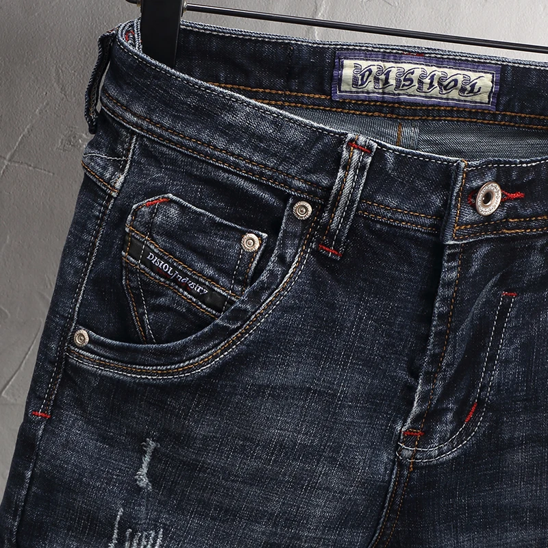y2k Fashionable Y2KRetro Men's Jeans High Quality Retro Blue Elastic Slimming Ripple Embroidered Jeans Men's Casual Designer D