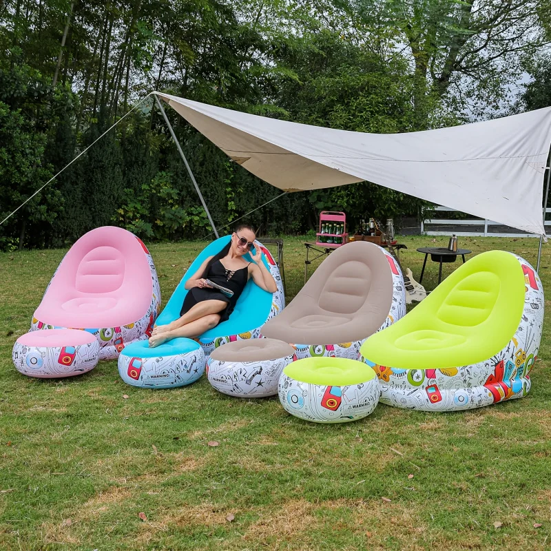 Inflatable Outdoor Sofa Portable Inflatable Lazy Sofa Reclining Chair With Footrest ForNappingPortable Simple Flocking Foldable