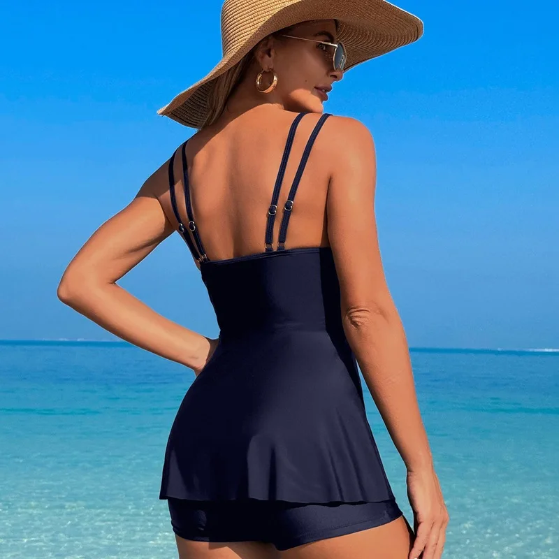 Tankini Set Swimsuits 2025 Women Two Piece Bikini Swimwear Solid Black Blue Pool Party Biquini with Padded Beach Wear Set Luxury