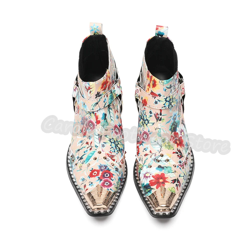 Floral Print Metal Pointed Toe Ankle Boots for Men Punk Rivet Belt Buckle Chunky Heel Chelsea Boots Male Club Party Dress Shoes