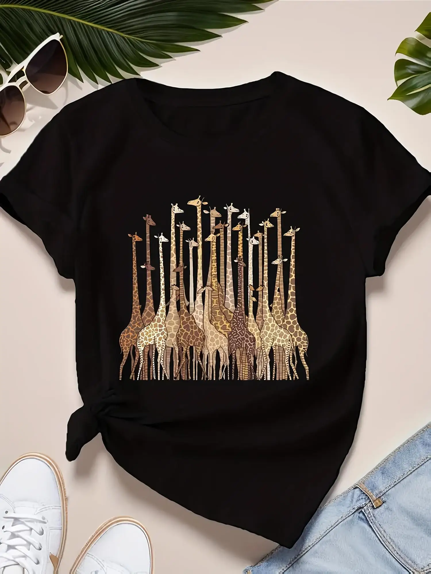 

Женская летняя футболка больших размеров 2025 года, хлопковая удобная и дышащая модная модная женская одежда с принтом жирафа