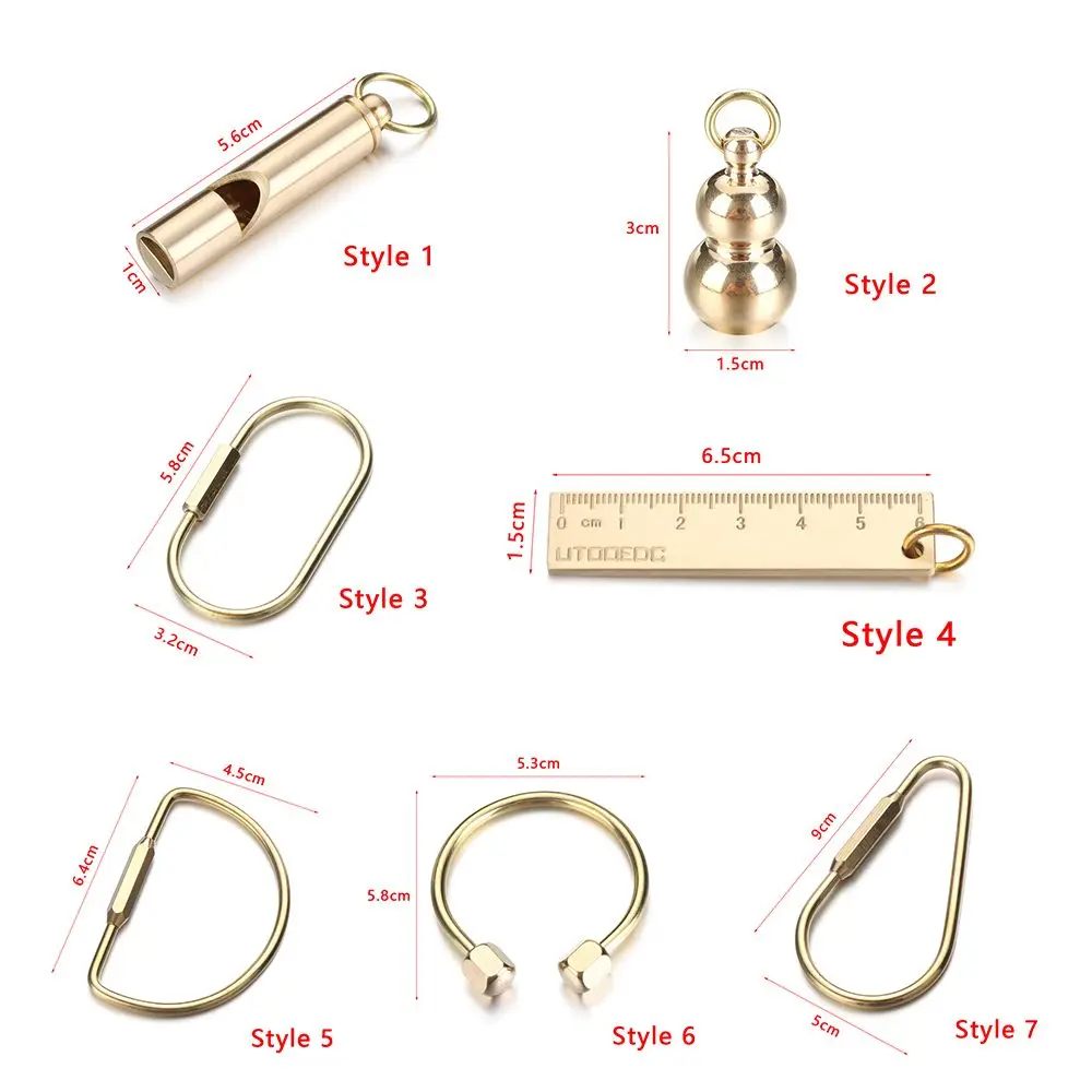 7 Styles Vintage Brass Keychain Portable Unique DIY Craft Tools Whistle Ruler Key Ring Pendant Creative Jewelry Accessories