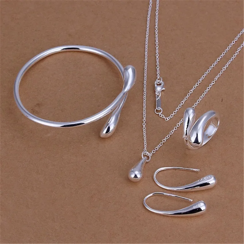 

Hot Pretty 925 Sterling Silver Water drop Pendant bangle Bracelet necklace earring ring for women Fashion Party Gift Jewelry set