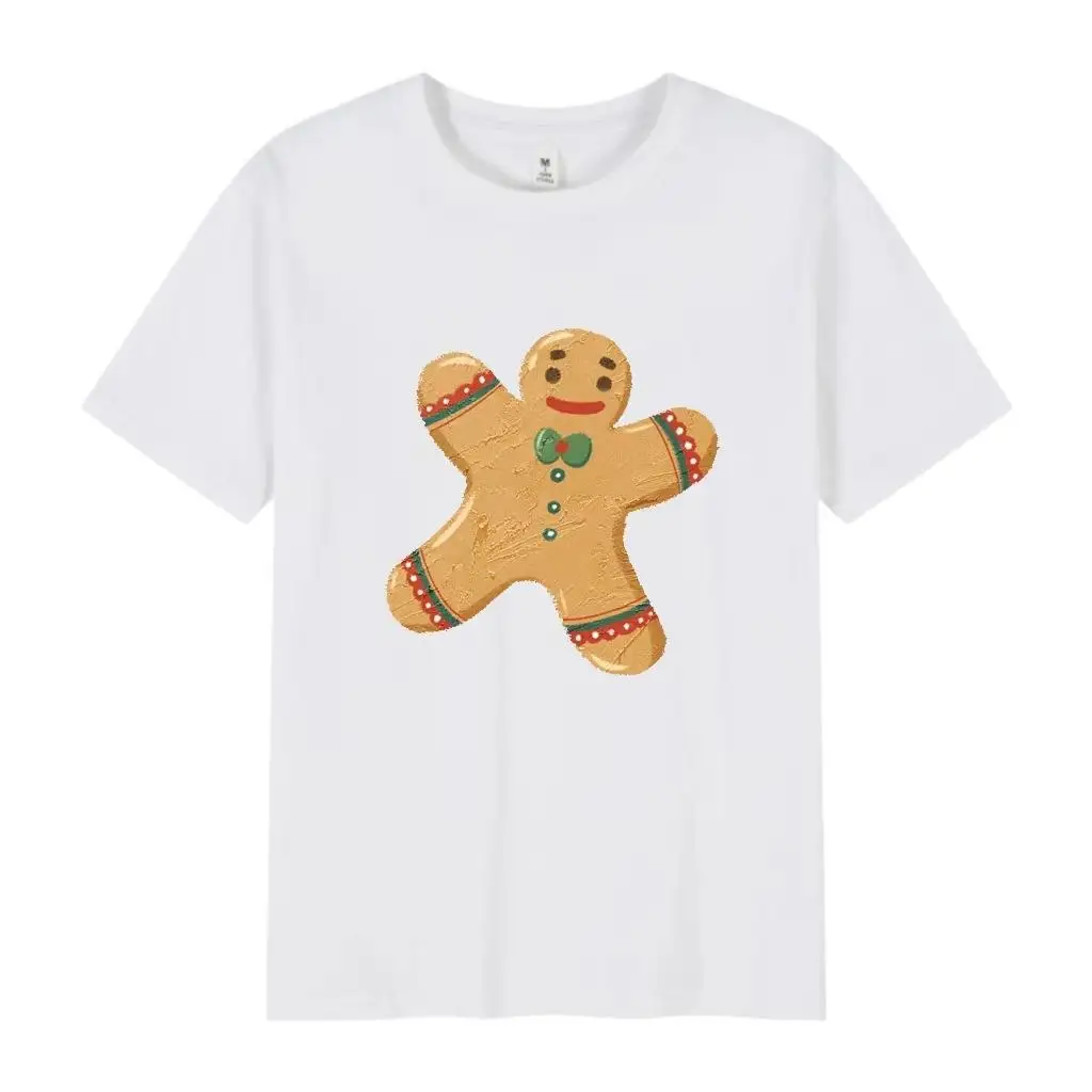 เสื้อยืดแขนสั้นพิมพ์ลายขนมปังขิงสำหรับผู้หญิงทรงหลวมใส่สบายไซส์ใหญ่ เสื้อผ้าสำหรับงานปาร์ตี้ปีใหม่