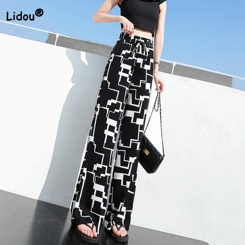 Women\'s Casual All-match Printed Wide Leg Pants Summer Fashionable Drawstring High Waist Straight Trousers New Female Clothing