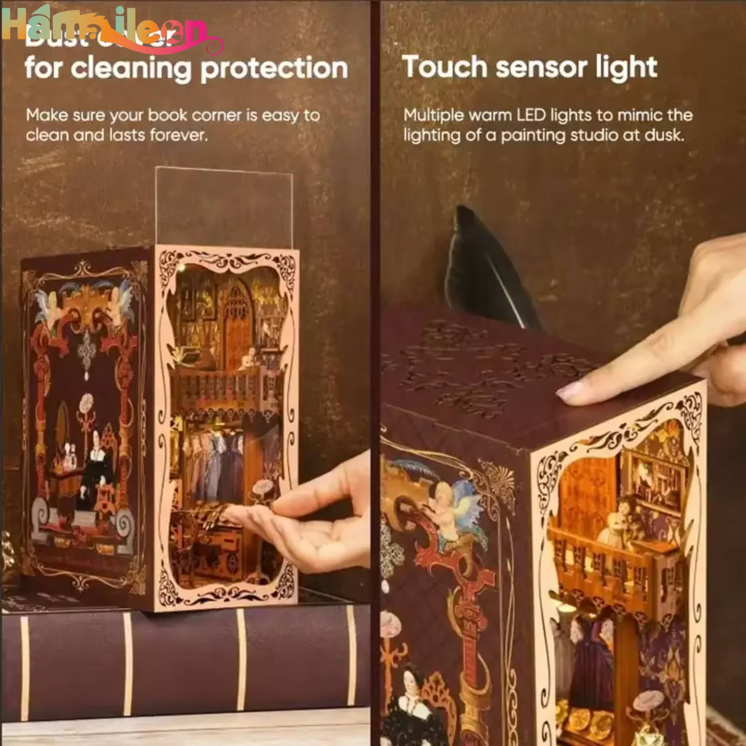Hamaileon livre coin Kit maison de poupée Booknook 3D Puzzle en bois bricolage coin livre étagère insérer avec lumière (l'armoire du duchesse