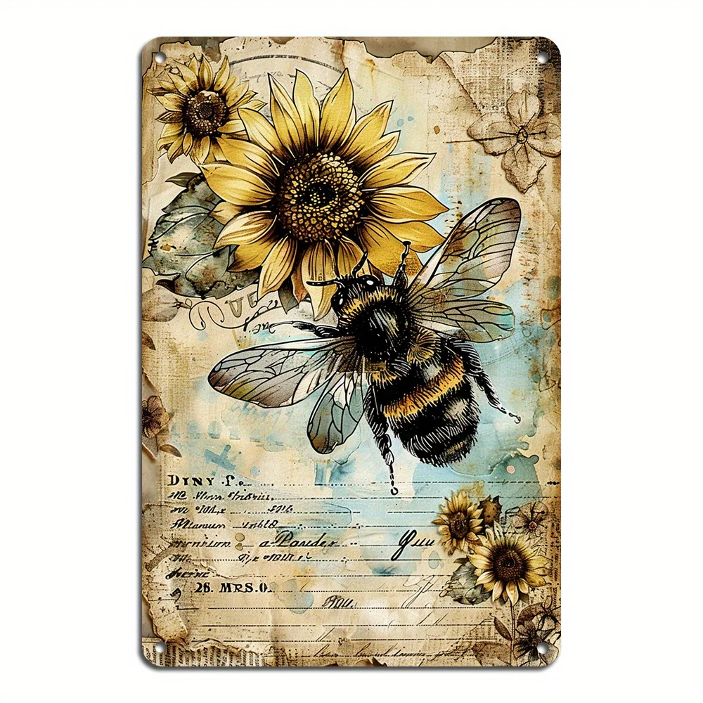 

1PC Rustic Bee Metal Iron Plaque with Sunflower Bee Illustration Pre-drilled Holes for Indoor Outdoor Decoration Home and Garden