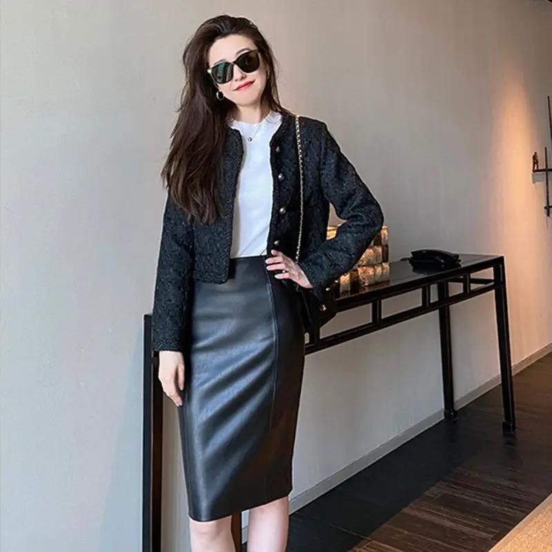 Women Genuine Leather Bodycon Bandage OL Elegant Streetwear Party Club Midi Long Slim Wrap Skirt TF4795