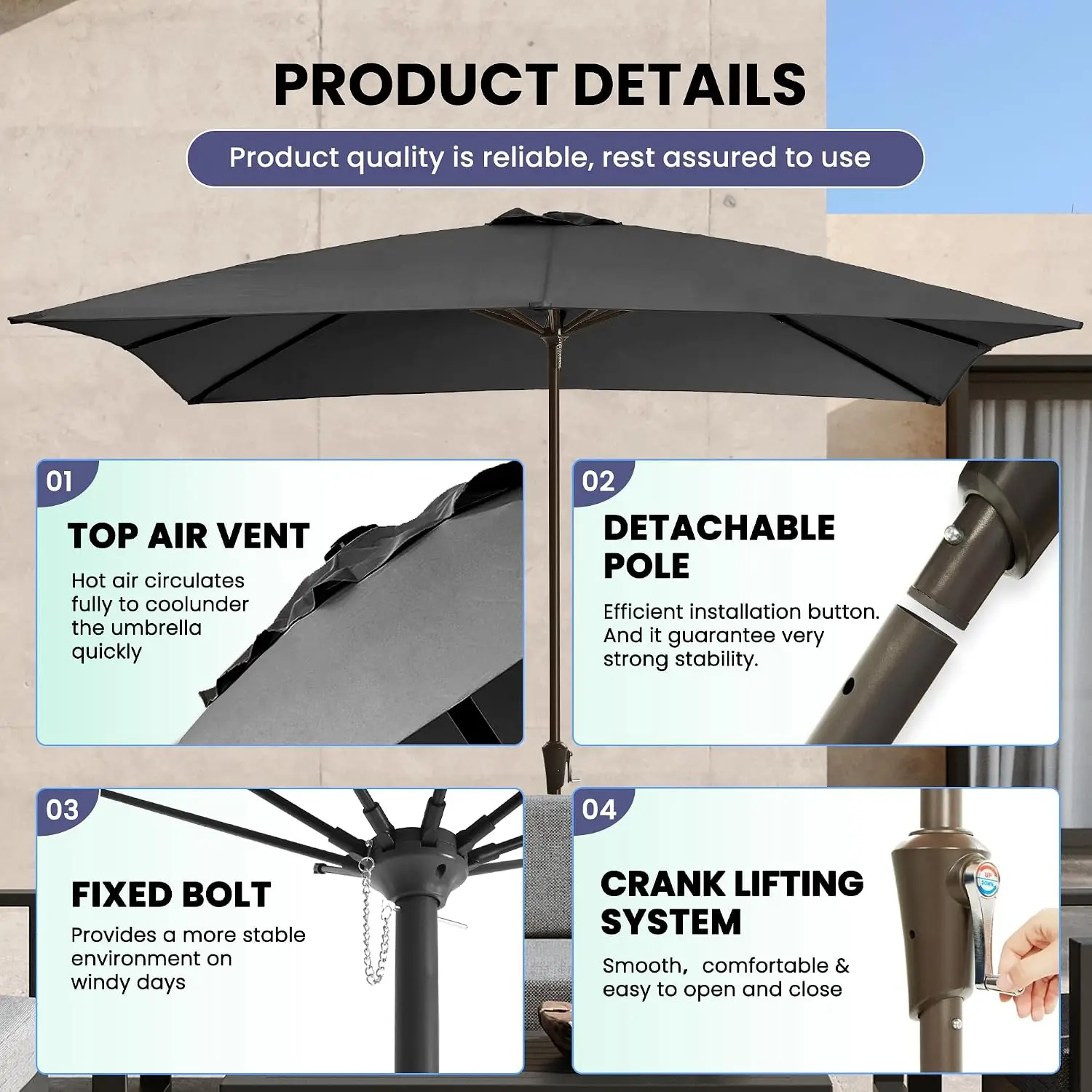 8x10' Rectangular Outdoor Umbrella Tilt Crank UV Fade-Proof Rust-Proof Pole Garden Deck Pool, Customized