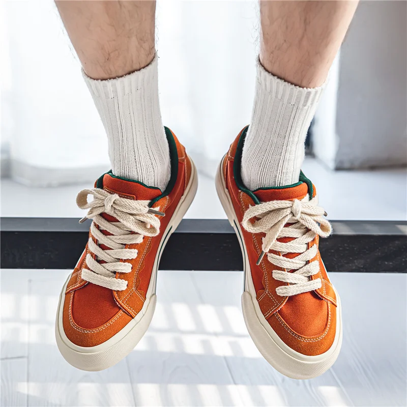 Chaussures de Skate en Toile Respirante pour Homme, Espadrilles Décontractées, Basses, de Couleur Orange, à la Mode